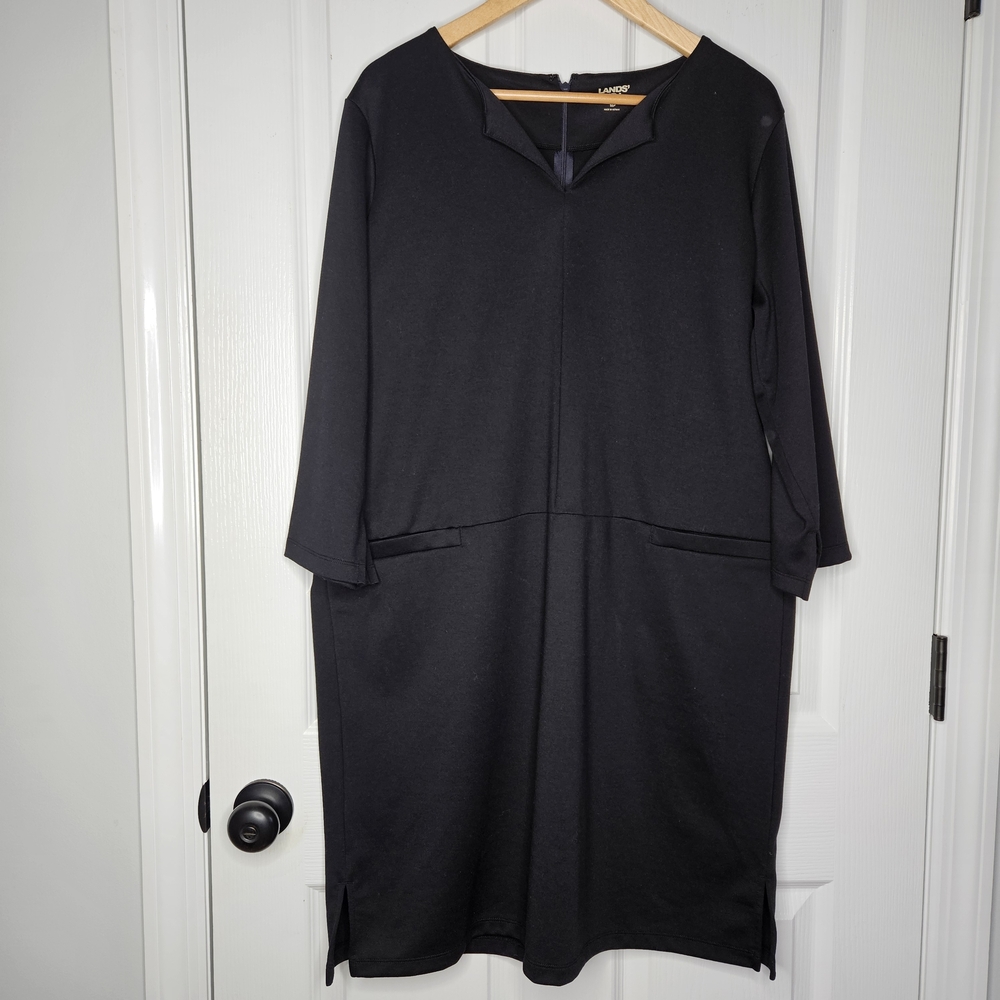 Lands End Womens Petite Ponte Shift Dress 16P 3/4 Sleeve Split Neck Black